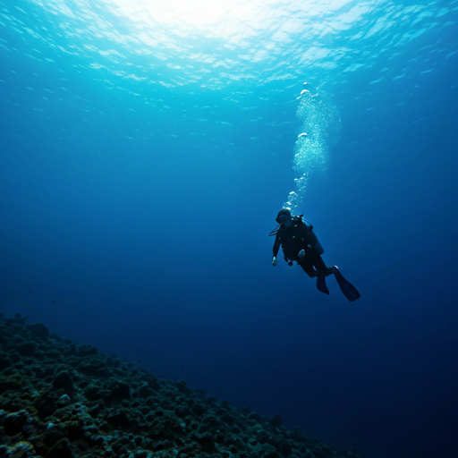 Scuba diving in deep blue ocean water