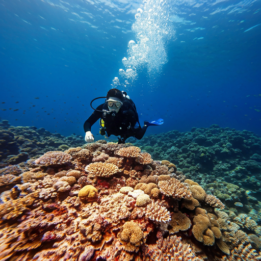 Deep sea diver in coral reef