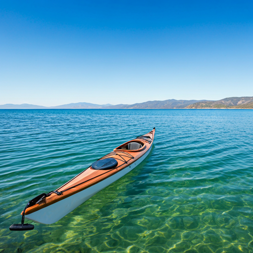 Wooden kayak on a crystal clear lake